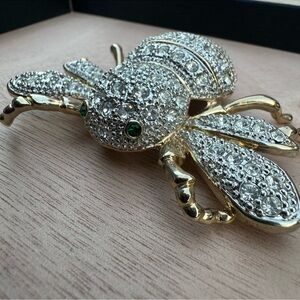 Vintage Oversized Flying Beetle Bug Brooch With Crystal Rhinestones 1980s